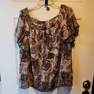 Signature By Larry Levine Short Sleeved Brown And Pink Paisley Print Top 2X